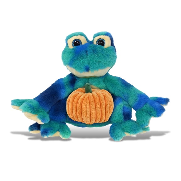 DolliBu Blue Tie-Dye Frog Stuffed Animal with Pumpkin Decor - Frog Plush Animal for Fall, Halloween and Thanksgiving, Pumpkin Toy for Baby, Kids, Adults - 10 Inches