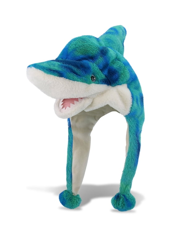 Blue Tie-Dye Shark Plush Hat - Stuffed Animal Winter Hat, Novelty Shark Hat with Cozy Fleece, Warm Fluffy Beanie, Funny Adults and Kids Hat with Ear Flaps for Halloween or Cosplay - One Size
