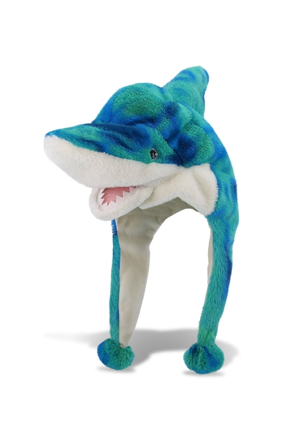 Blue Tie-Dye Shark Plush Hat - Stuffed Animal Winter Hat, Novelty Shark Hat with Cozy Fleece, Warm Fluffy Beanie, Funny Adults and Kids Hat with Ear Flaps for Halloween or Cosplay - One Size