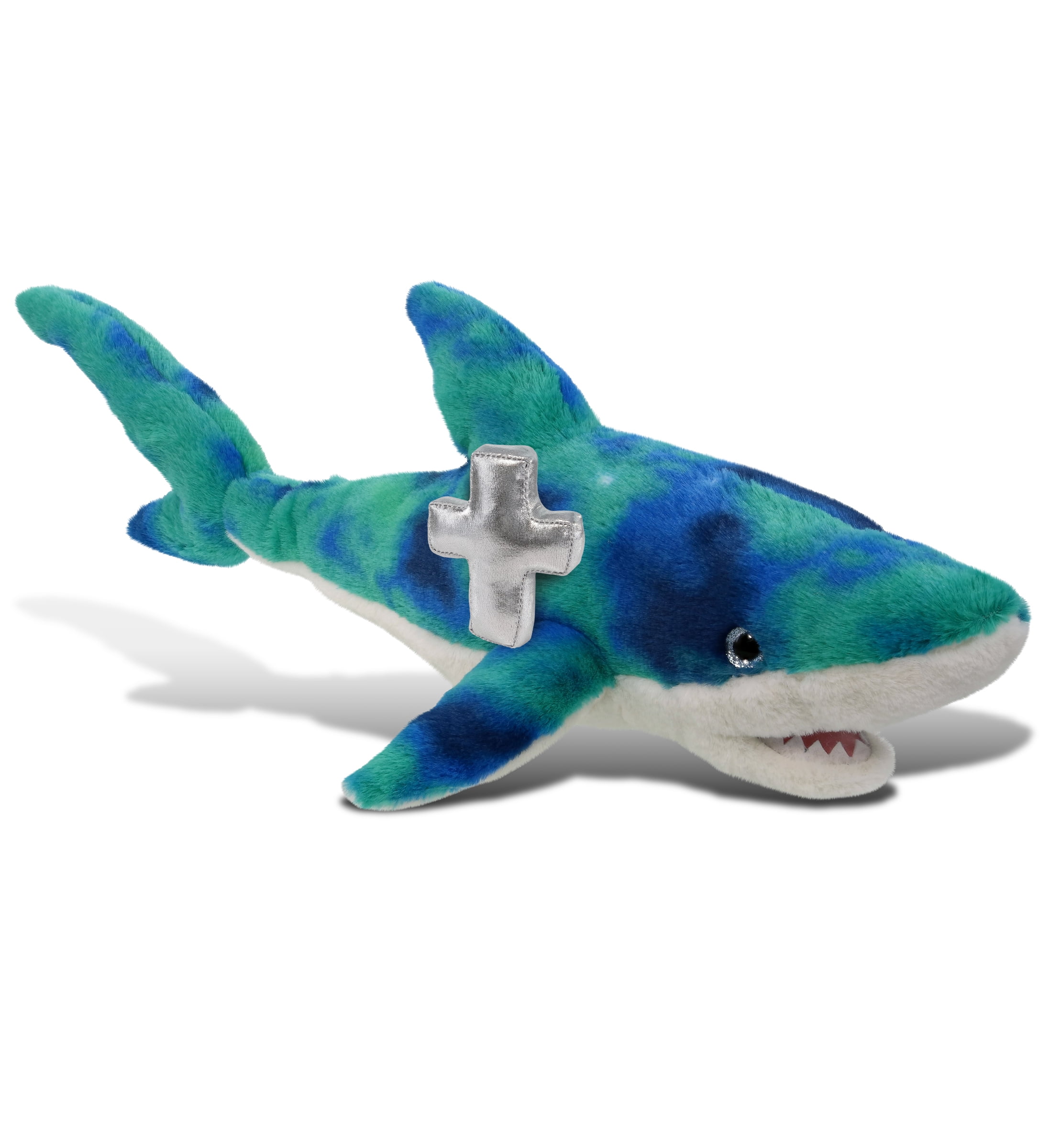 DolliBu Blue Tie-Dye Shark Stuffed Animal with Silver Cross Plush - Religious Baptism Gifts for Boys and Girls, Dedication Christening Gifts Plush Prayer Toy Healing Stuffed Animal - 23 Inches