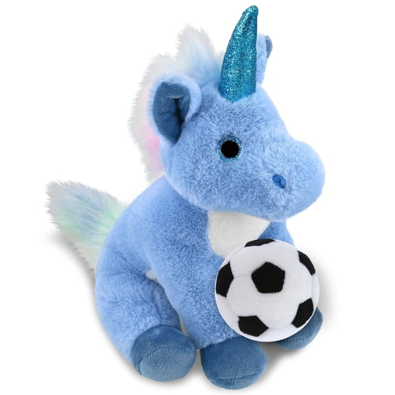 DolliBu Blue Unicorn Stuffed Animal with Soccer Ball Plush - Soft Huggable Unicorn, Adorable Playtime Plush Toy, Cute Fantasy Gift, Super Soft Plush Doll Animal Toy for Kids and Adults - 9 Inches