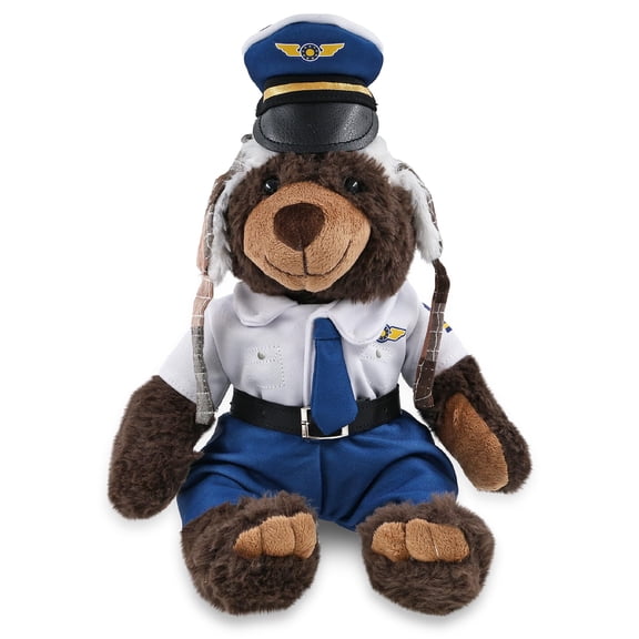 DolliBu Brown Bear with Clothes Stuffed Animal with Pilot Costume - Cute Wildlife Animal Bear Plush Toy with Airplane Aviation Uniform Dress Up Set - 11 Inches