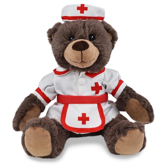 DolliBu Brown Bear Plush with Nurse Stuffed Animal Dress Up Set - Hospital Costume Bear Stuffed Toy with Nurse Dress, Hat, and Apron, Get Well Plush for Kids and Adult - 10 Inch