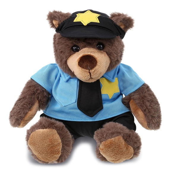 DolliBu Brown Bear Police Officer Plush Toy - Super Soft Plush with Red Plaid Hoodie Stuffed Animal with Cute Cop Uniform and Cap Outfit - Fluffy Policeman Plush Gift - 10 Inches