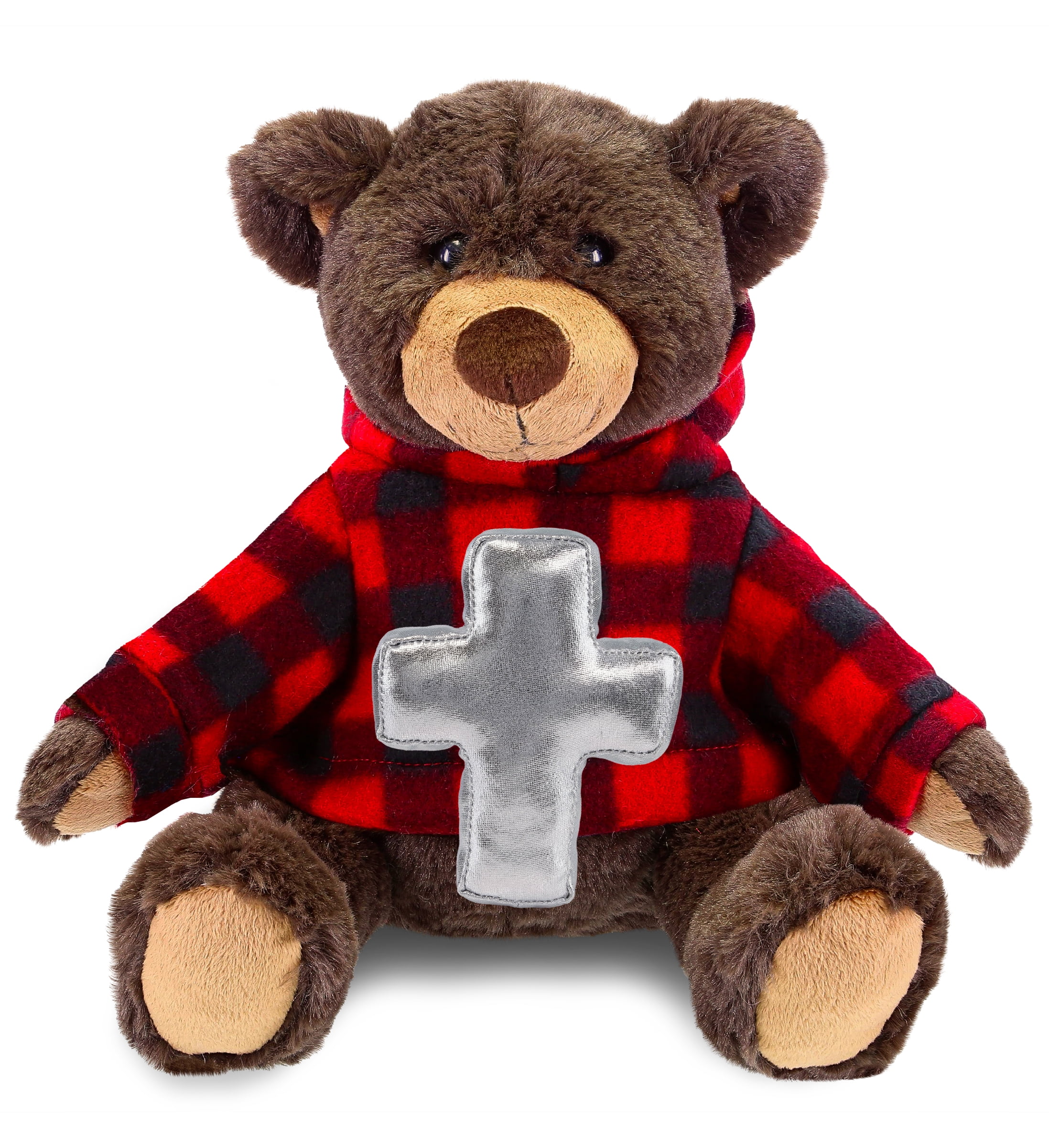 DolliBu Brown Bear with Red Plaid Hoodie Stuffed Animal with Silver Cross Plush - Religious Baptism Gifts for Boys and Girls, Dedication Christening Gifts Plush Prayer Toy Stuffed Animal - 9 Inch