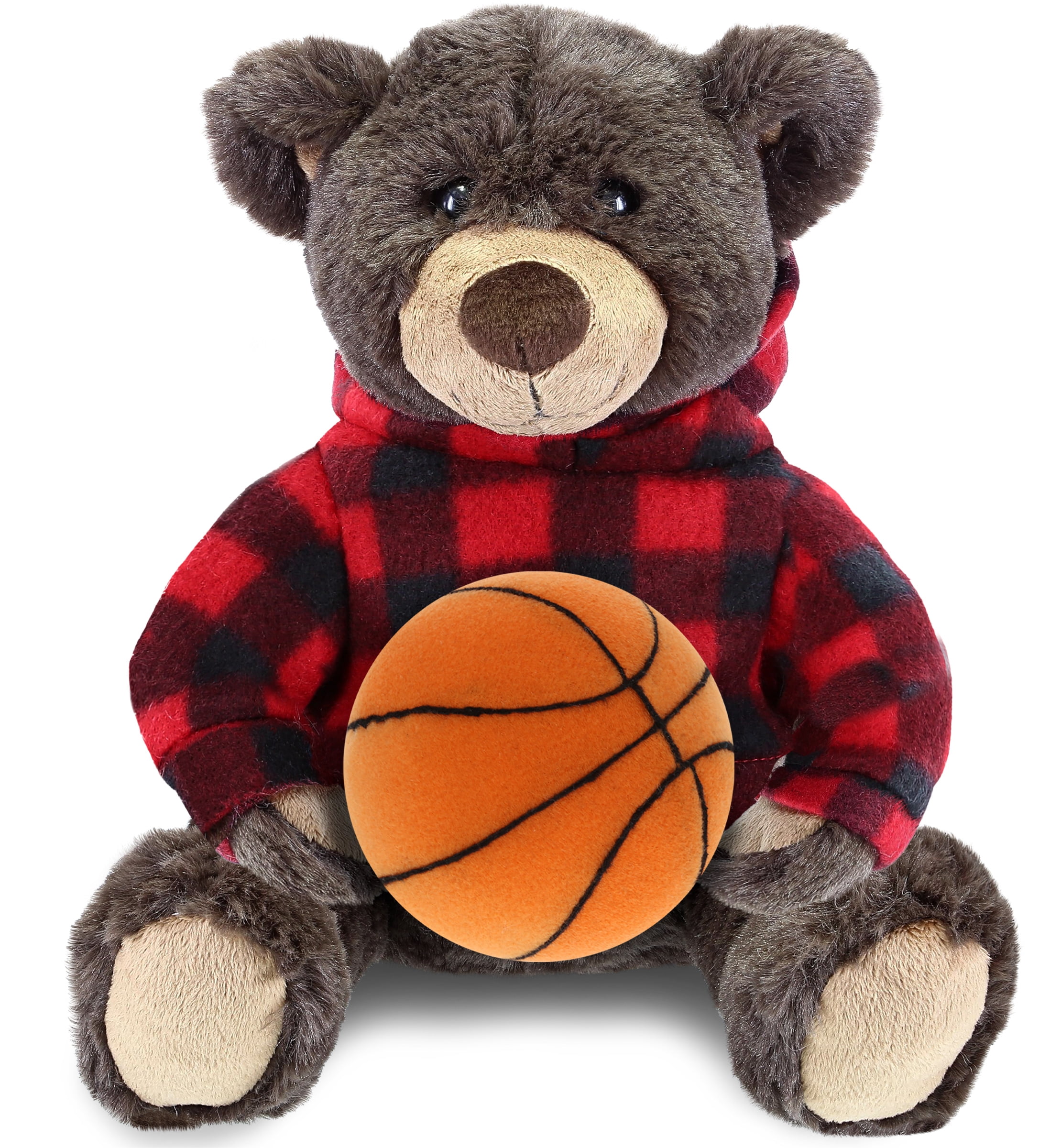 DolliBu Brown Bear Stuffed Animal with Basketball Plush – Super Soft Huggable Bear with Red Plaid Hoodie, Plush Toy Wildlife Gift, Basketball Plush Animal for Kids and Adults - 10 Inch