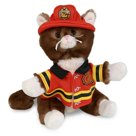 DolliBu Brown Cat Firefighter Stuffed Animal - Super Soft Cat Fireman Toy with Red Fireman Costume Outfit and Fireman Hat, Cute Pet Life Stuffed Animal Fire Fighter Doll Plush Toy for Kids - 7 Inch