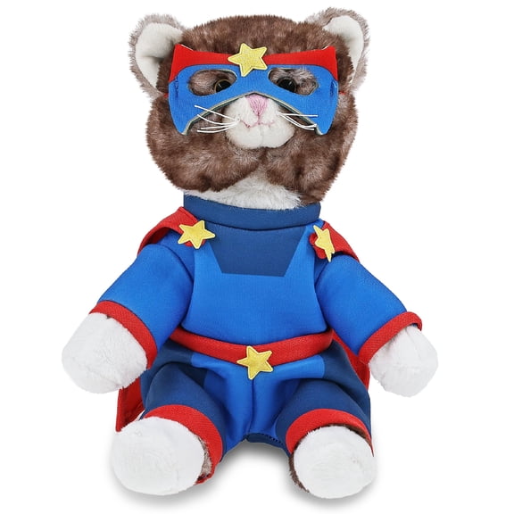 DolliBu Brown Cat Plush Stuffed Animal with Superhero Costume - Cute Pet Life Toy with Red Cape Blue Suit, Eye Mask - Super Hero Adventure Plush for Kids - 7 Inches