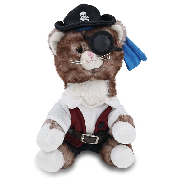 DolliBu Brown Cat Stuffed Animal With Pirate Dress Up Set - Sea Adventure Plush Toy Stuffed Cat with Cute Pirate Costume - Hat, Shirt, Pants, Eye Patch, Belt - 7 Inches