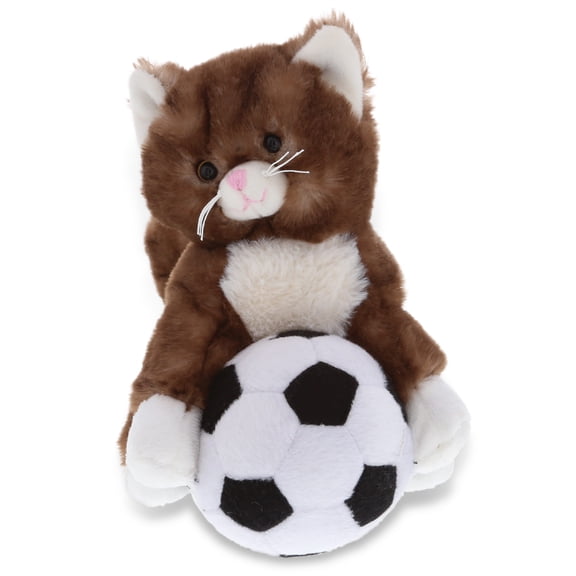 DolliBu Brown Cat Stuffed Animal with Soccer Ball Plush - Soft Plush Huggable Cat, Adorable Playtime CatPlush Toy, Cute Pet Life Gift, Soccer Plush Doll Animal Toy for Kids and Adults - 7 Inches