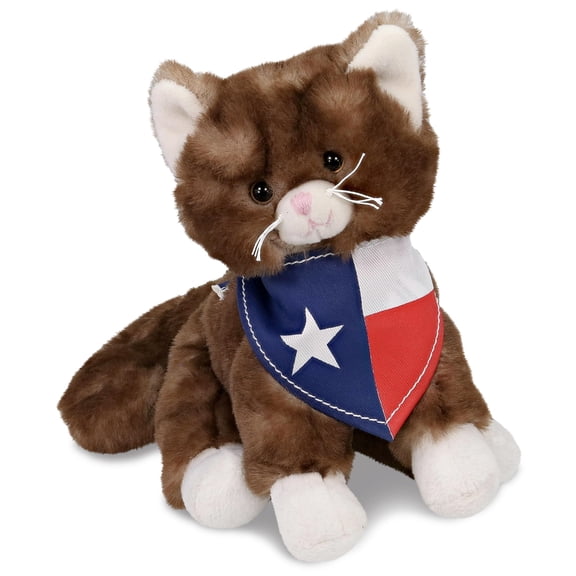DolliBu Brown Cat Stuffed Animal with Texas Flag Bandana - Super Soft Stuffed Animal Plush Toy with Neck Scarf, Pet Animal Bear Plush - 7 Inches