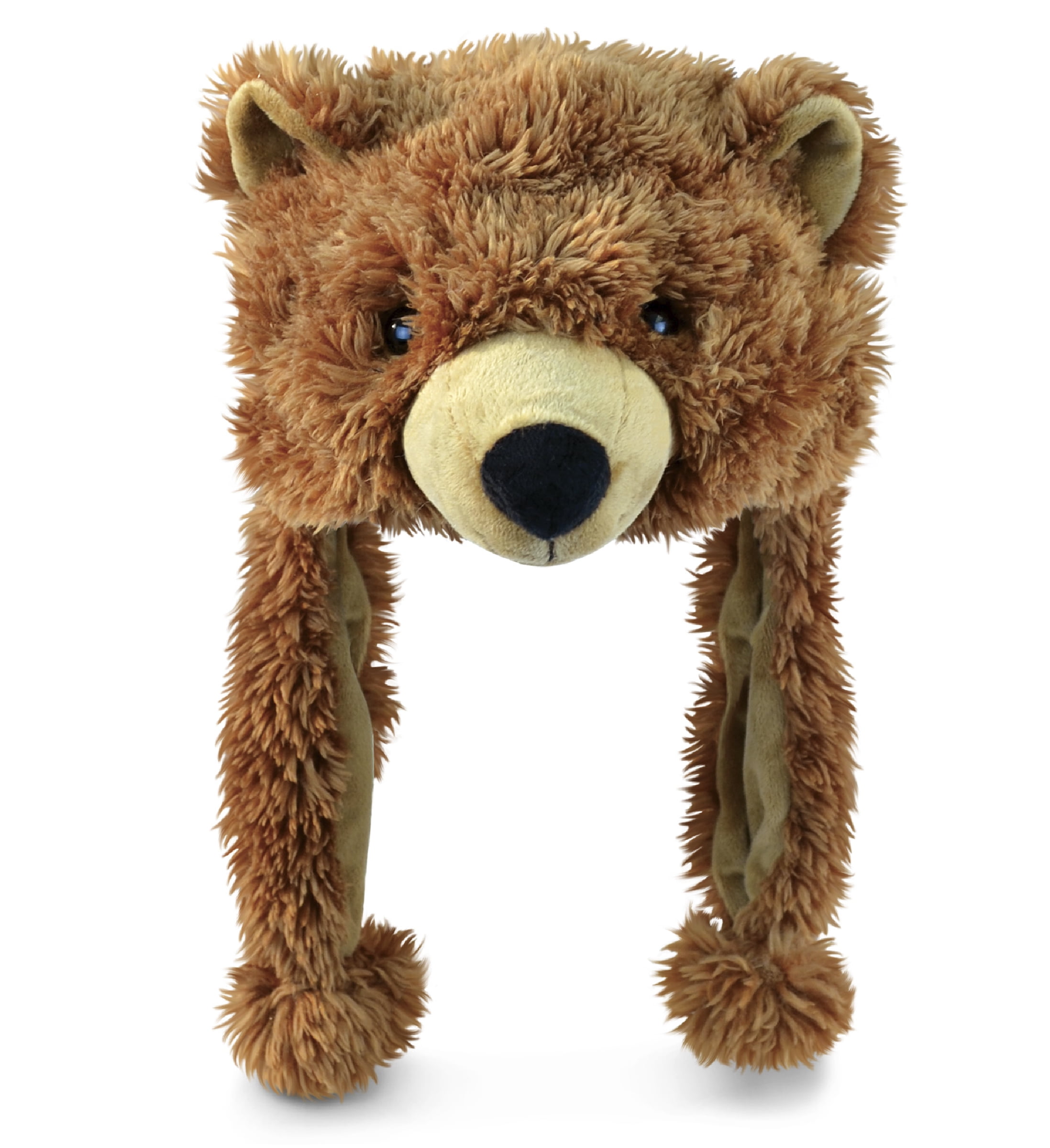 DolliBu Brown Grizzly Bear Stuffed Animal Winter Hat - Super Soft Bear Beanie Hat with Ear Flaps, Cute Bear Hat with Cozy Fleece, Warm Winter Plush Novelty Hat for Kids, Teens, Adults - One Size