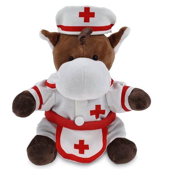 DolliBu Brown Horse Plush with Nurse Stuffed Animal Dress Up Set - Hospital Costume Horse Stuffed Toy with Nurse Dress, Hat, and Apron, Get Well Plush for Kids and Adults - 6 Inches