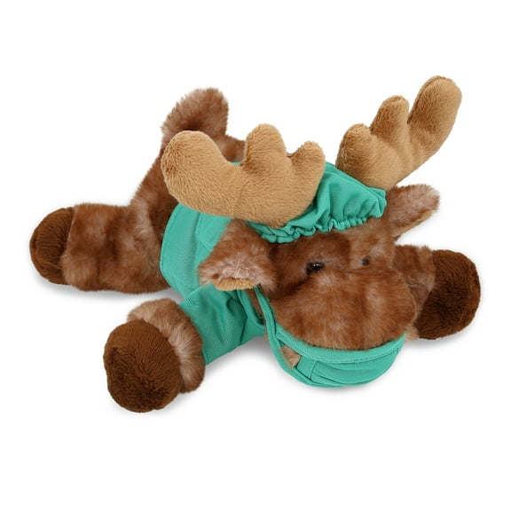 DolliBu Brown Lying Moose Doctor Plush Toy - Super Soft Moose Doctor Stuffed Animal Dress Up with Cute Scrub Uniform and Cap Outfit - Fluffy Doctor Toy Plush Gift - 9 Inches