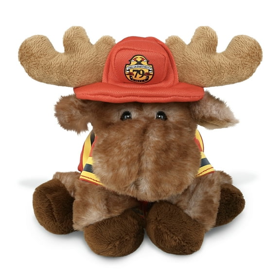DolliBu Brown Lying Moose Firefighter Stuffed Animal - Moose Fireman Toy with Red Fireman Costume Outfit and Fireman Hat, Cute Wild Life Stuffed Animal Fire Fighter Doll Plush Toy for Kids - 9 Inch