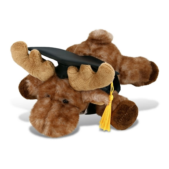 DolliBu Brown Lying Moose Graduation Plush Toy - Super Soft Moose Graduation Stuffed Animal Dress Up with Gown and Cap with Tassel Outfit - Reward Celebration Grad Gift - 9 Inch