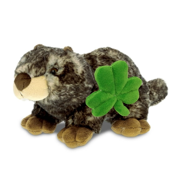 DolliBu Brown Marmot Stuffed Animal with Green Plush Shamrock, Cute Green Shamrock Plush, Fun St Patricks Day Stuffed Animal Marmot, Good Luck St Patricks Day Toys for Kids, Baby - 11 Inches