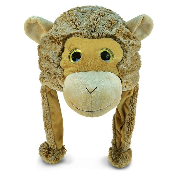 DolliBu Brown Monkey Plush Hat - Super Soft Warm Hat With Ear Flaps, Funny Plush Party Crazy Hat, Stuffed Animal Monkey Halloween Costume Toy Hat, Cozy Fleece Winter Hat For Kids & Teens - One Size