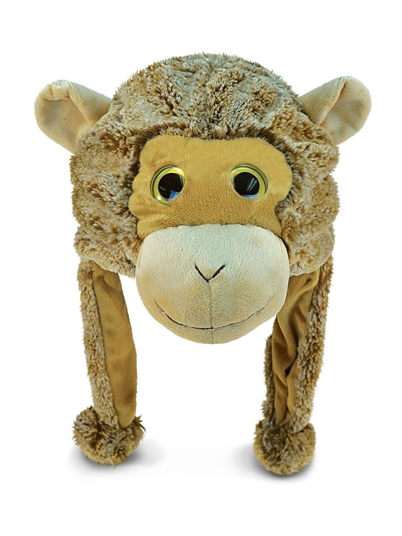 Brown Monkey Plush Hat - Super Soft Warm Hat With Ear Flaps, Funny Plush Party Crazy Hat, Stuffed Animal Monkey Halloween Costume Toy Hat, Cozy Fleece Winter Hat For Kids & Teens - One Size