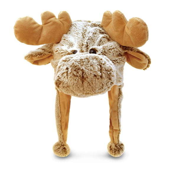 DolliBu Brown Moose Plush Hat - Moose Stuffed Animal Winter Hat, Novelty Moose Hat with Cozy Fleece, Warm Fluffy Beanie, Funny Adult and Kids Beanie With Ear Flaps for Halloween or Cosplay - One Size