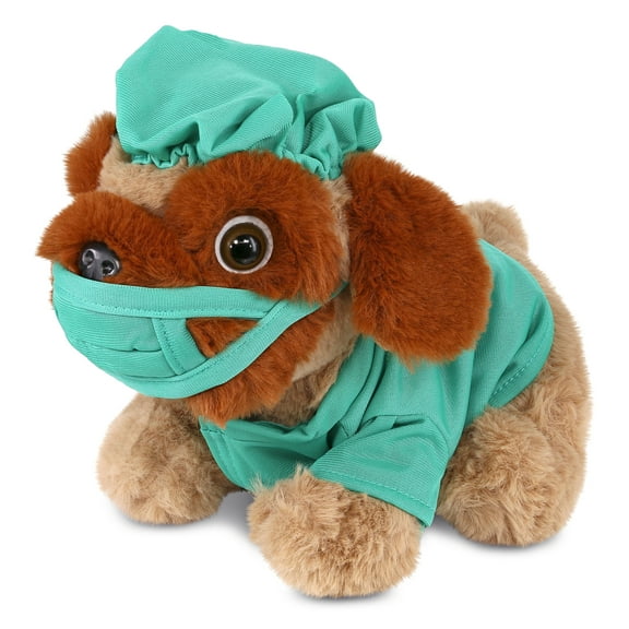 DolliBu Brown Pug Dog Doctor Plush Toy - Super Soft Pug Dog Doctor Stuffed Animal Dress Up with Cute Scrub Uniform and Cap Outfit - Fluffy Doctor Toy Plush Gift - 8 Inches