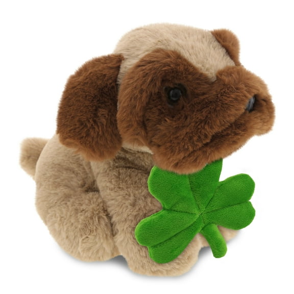 DolliBu Brown Pug Dog Stuffed Animal with Green Plush Shamrock - Cute Green Shamrock Plush St Patricks Day Stuffed Animal Pug Dog, Good Luck St Patricks Day Toys for Kids, Baby - 8 Inches
