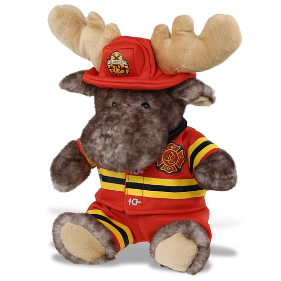 DolliBu Brownish Sitting Moose Firefighter Stuffed Animal - Moose Fireman Toy with Red Fireman Costume Outfit and Fireman Hat, Wild Life Stuffed Animal Fire Fighter Doll Plush Toy for Kids - 10 Inch