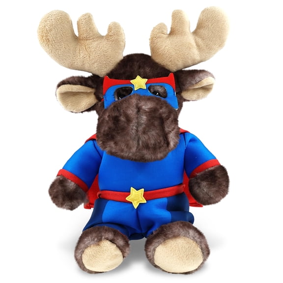 DolliBu Brownish Sitting Moose Plush Stuffed Animal with Superhero Costume - Cute Wildlife Toy with Red Cape Blue Suit, Eye Mask - Super Hero Adventure Plush for Kids - 7.5 Inches