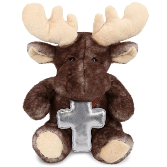 DolliBu Brownish Sitting Moose Stuffed Animal with Silver Cross Plush  Religious Baby Baptism Gifts for Boys and Girls, Dedication Christening Gifts Plush Prayer Healing Stuffed Animal  10 Inch
