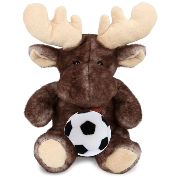 DolliBu Brownish Sitting Moose Stuffed Animal with Soccer Ball Plush - Huggable Moose, Adorable Playtime Plush Toy, Cute Wild Life Gift, Super Soft Stuffed Doll Animal Toy for Kids, Adults - 10 Inch