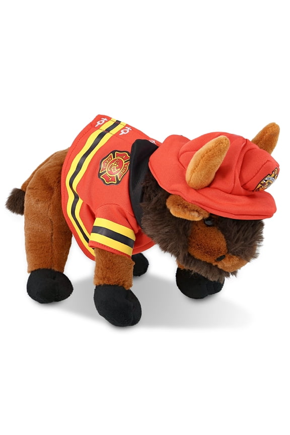 Buffalo Firefighter Stuffed Animal - Super Soft Buffalo Fireman Toy with Red Fireman Costume Outfit and Fireman Hat, Wild Life Stuffed Animal Fire Fighter Doll Plush Toy for Kids - 9.5 Inch