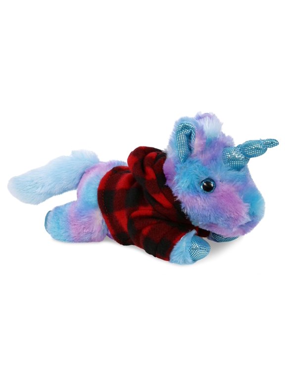 Cotton Candy Friday Blue Unicorn Stuffed Animal with Plaid Red Hoodie Sweater - Cute Unicorn Plush Lumberjack Stuffed Toy with Plaid Jacket Dress Up for Christmas, Holiday, Winter - 10.5 Inch