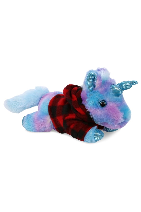 Cotton Candy Friday Blue Unicorn Stuffed Animal with Plaid Red Hoodie Sweater - Cute Unicorn Plush Lumberjack Stuffed Toy with Plaid Jacket Dress Up for Christmas, Holiday, Winter - 10.5 Inch