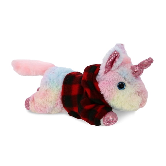 DolliBu Cotton Candy Sunday Rainbow Unicorn Stuffed Animal with Plaid Red Hoodie Sweater - Unicorn Plush Lumberjack Stuffed Toy with Plaid Jacket Dress Up for Christmas, Holiday, Winter - 10.5 Inch