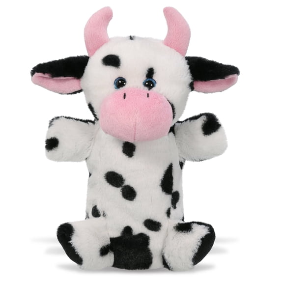 DolliBu Cow Plush Hand Puppet - Super Soft Stuffed Animal Cow Puppet Toy for Kids, Educational Cute Plush Puppets for Teaching, Games, and Shows