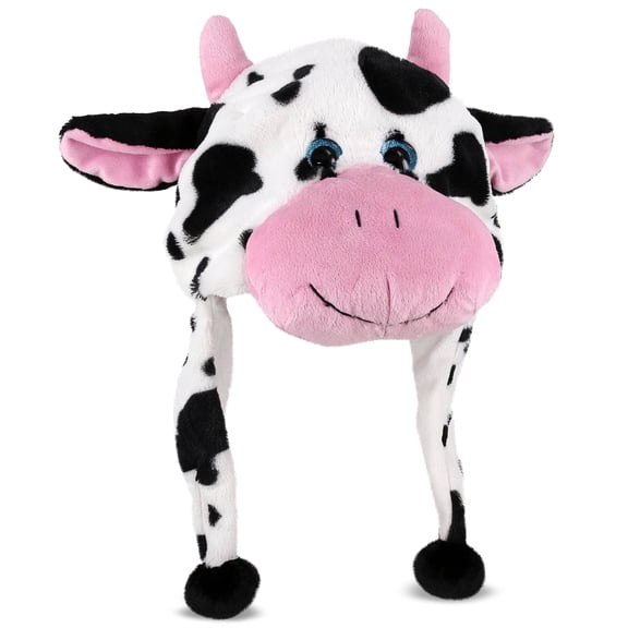 DolliBu Cow Plush Hat – Super Soft Fleece Stuffed Animal Beanie with Ear Flaps, Cozy Warm Winter Hat for Kids, Teens & Adults, Funny Costume or Everyday Wear – One Size