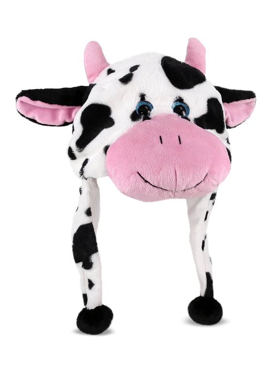 DolliBu Cow Plush Hat – Super Soft Fleece Stuffed Animal Beanie with Ear Flaps, Cozy Warm Winter Hat for Kids, Teens & Adults, Funny Costume or Everyday Wear – One Size