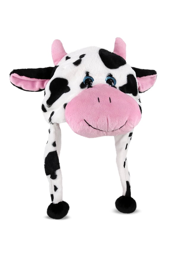 DolliBu Cow Plush Hat  Super Soft Fleece Stuffed Animal Beanie with Ear Flaps, Cozy Warm Winter Hat for Kids, Teens & Adults, Funny Costume or Everyday Wear  One Size