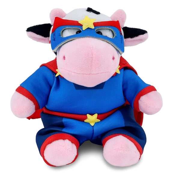 DolliBu Cow Plush Stuffed Animal with Superhero Costume - Cute Farm Life Toy with Red Cape Blue Suit, Eye Mask - Super Hero Adventure Plush for Kids - 6 Inch