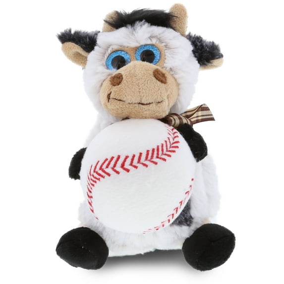 DolliBu Cow Stuffed Animal with Baseball Plush - Soft Huggable Cow, Adorable Playtime Sitting Cow Plush Toy, Cute Farm Animal Gift, Baseball Plush Doll Animal Toy for Kids and Adults - 7 Inch