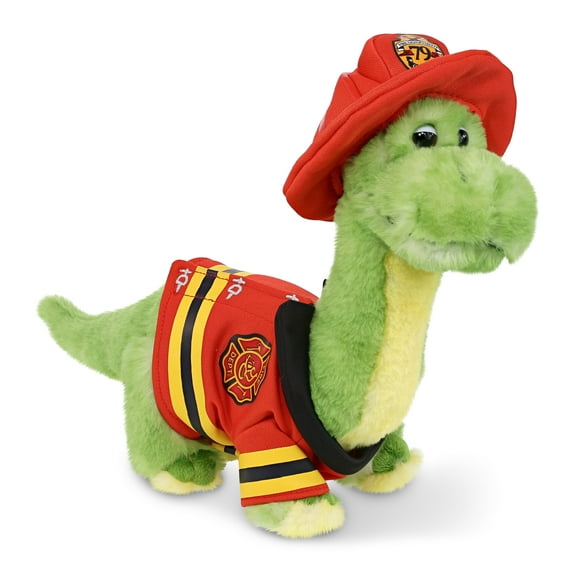 DolliBu Dinosaur Firefighter Stuffed Animal - Green Dinosaur Fireman Toy with Red Fireman Costume Outfit and Fireman Hat, Cute Wild Life Stuffed Animal Fire Fighter Doll Plush Toy for Kids - 10 Inch
