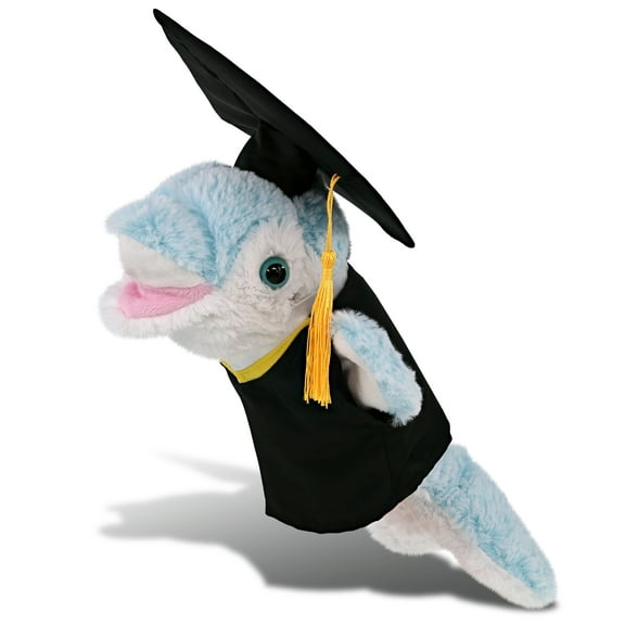 DolliBu Dolphin Graduation Plush Toy - Super Soft Dolphin Plush Graduation Hand Puppet Animal Dress Up with Gown and Cap with Tassel Outfit - Congratulatory Graduation Gift - 12 Inches