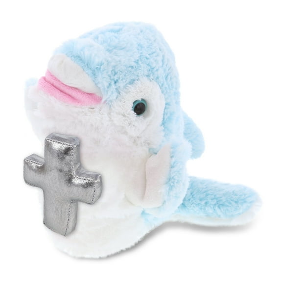DolliBu Dolphin Hand Puppet Stuffed Animal with Silver Cross Plush - Religious Baptism Gifts for Boys and Girls, Dedication Christening Gifts Plush Prayer Toy Healing Stuffed Animal - 12 Inches