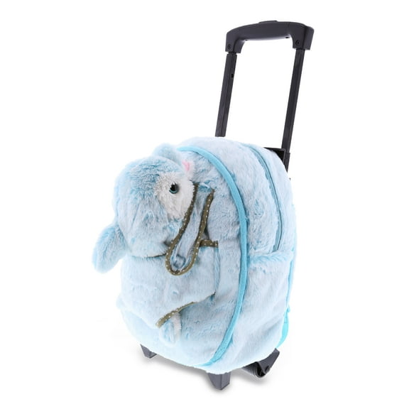 DolliBu Dolphin Plush Trolley & Purse Set - 3-in-1 Kids Trolley, Backpack, & Blue Dolphin Purse, Soft Plush Backpack on Wheels, School Rolling Bag, Travel Luggage with Removable Plush Toy Purse - 15"