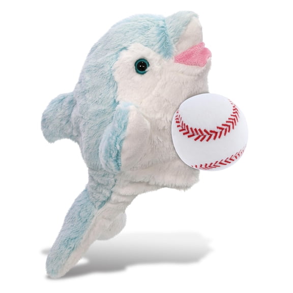 DolliBu Dolphin Stuffed Animal with Baseball Plush Hand Puppet - Soft Huggable Dolphin Gift, Cute Ocean Animal Puppet with Plush Baseball Toy for Kids, Adults  12 Inches