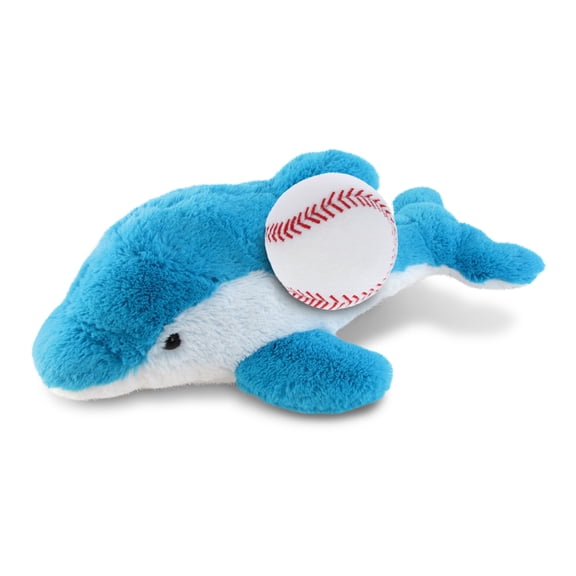 DolliBu Dolphin Stuffed Animal with Baseball Plush - Soft Huggable Dolphin, Adorable Playtime Plush Toy, Cute Wildlife Gift, Super Soft Plush Doll Animal Toy for Kids and Adults - 18 Inches