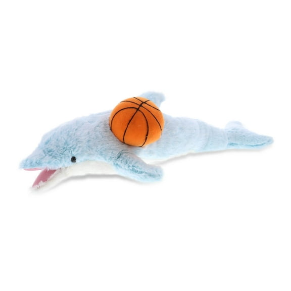 DolliBu Dolphin Stuffed Animal with Basketball Plush - Soft Huggable Dolphin, Adorable Playtime Plush Toy, Cute Ocean Life Gift, Basketball Plush Doll Animal Toy for Kids and Adults - 18 Inch