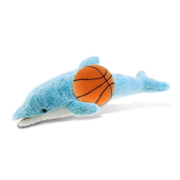 DolliBu Dolphin Stuffed Animal with Basketball Plush - Soft Huggable Dolphin, Adorable Playtime Plush Toy, Cute Wildlife Gift, Plush Doll Animal Toy for Kids and Adults - 14 Inch