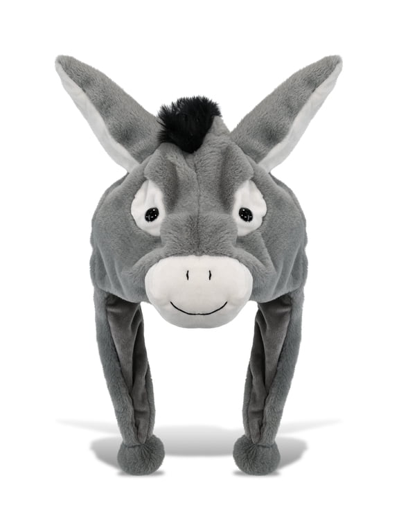 Donkey Plush Hat - Donkey Stuffed Animal Winter Hat, Novelty Donkey Hat with Cozy Fleece, Warm Fluffy Beanie, Funny Adults and Kids Hat with Ear Flaps for Halloween or Cosplay - One Size