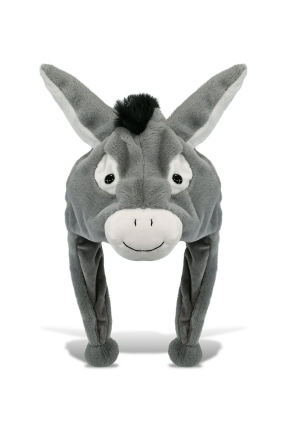 Donkey Plush Hat - Donkey Stuffed Animal Winter Hat, Novelty Donkey Hat with Cozy Fleece, Warm Fluffy Beanie, Funny Adults and Kids Hat with Ear Flaps for Halloween or Cosplay - One Size